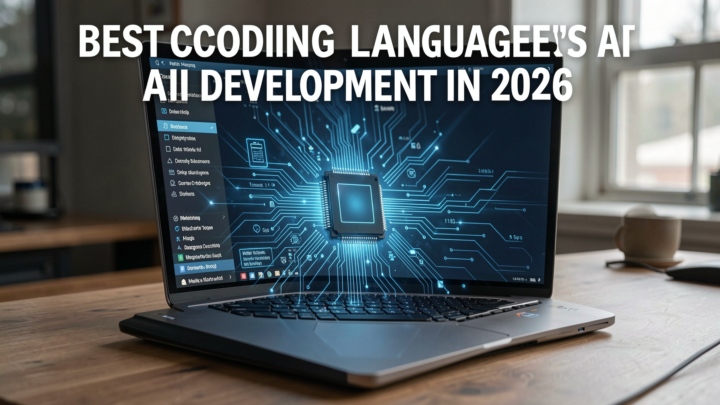 A professional editorial photo showcasing coding languages for AI development in 2026.