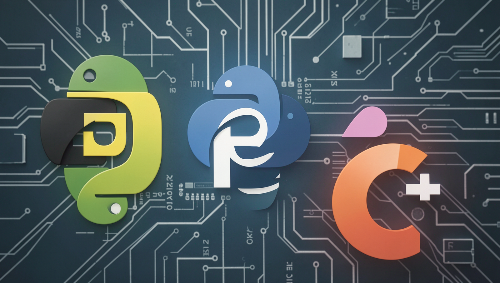 Collage of logos from Python, R, JavaScript, and C++ for AI programming.
