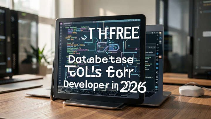 Photorealistic image of various database tools in a professional setting.
