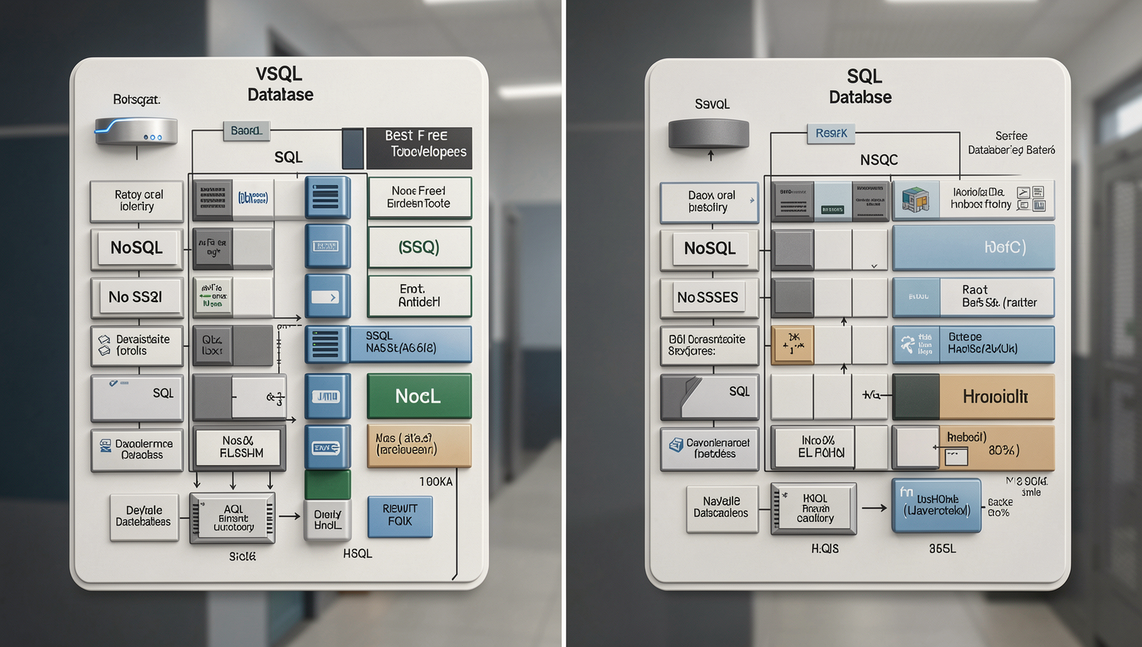 Split image comparing NoSQL and SQL database structures with detailed technical accuracy.