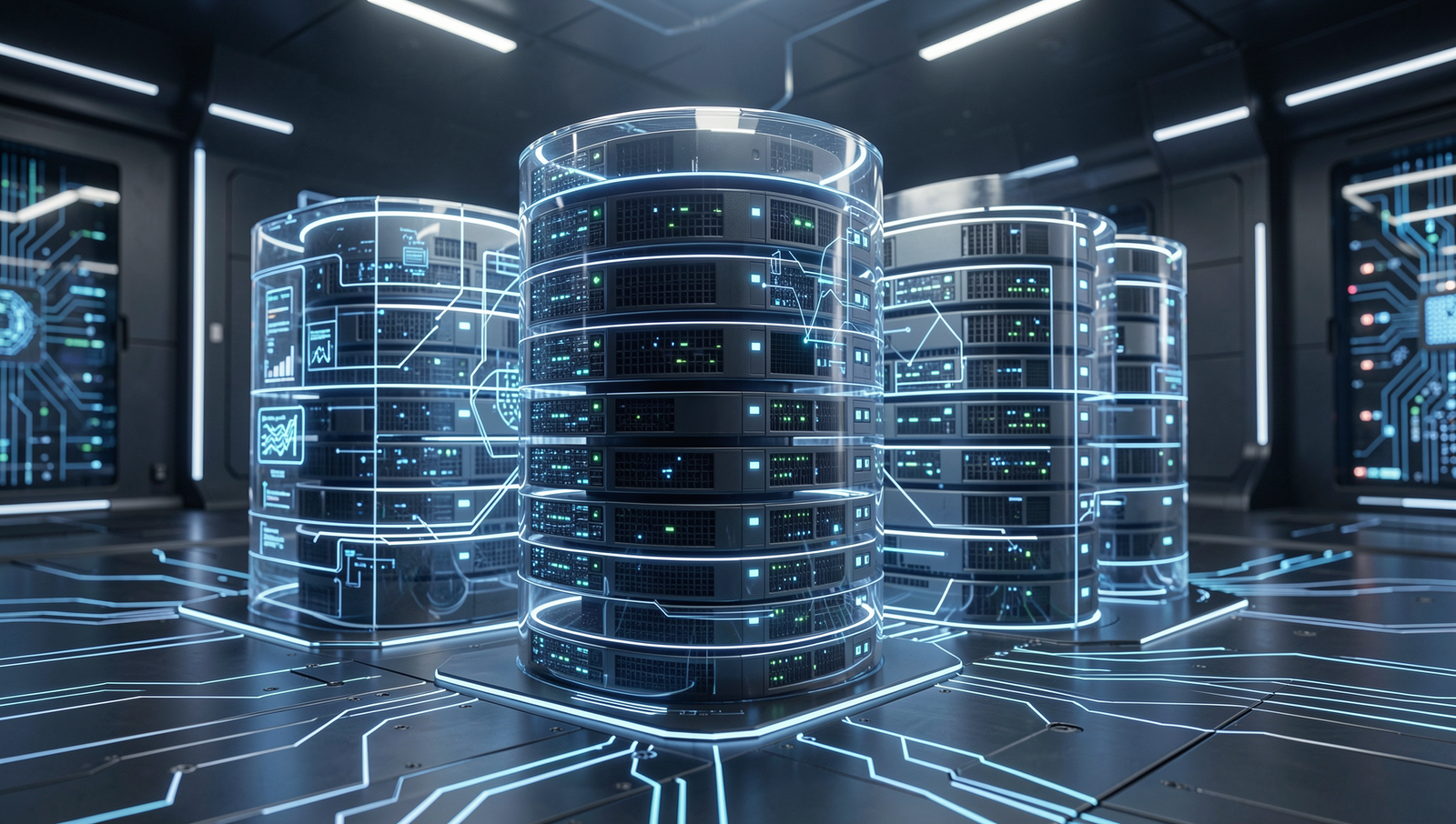 Futuristic database representation with AI elements in a professional setting.