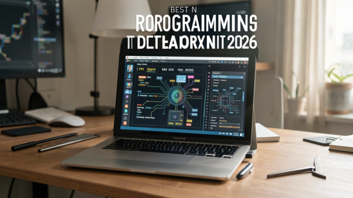 A professional editorial photo showcasing programming frameworks in a modern tech workspace.