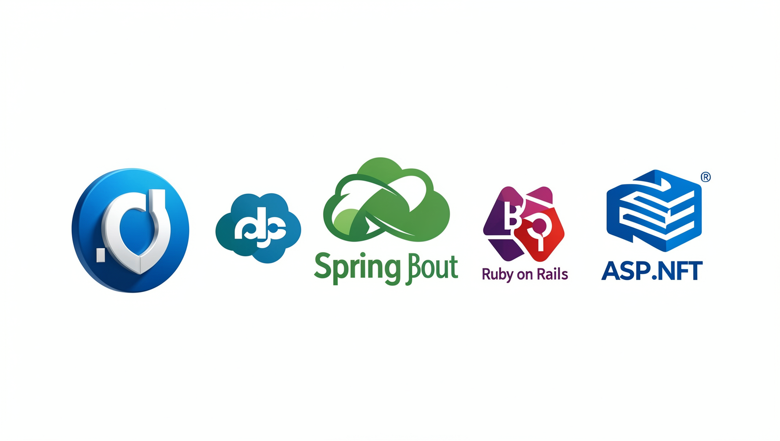 Logos of Node.js, Spring Boot, Ruby on Rails, and ASP.NET Core in a professional layout.