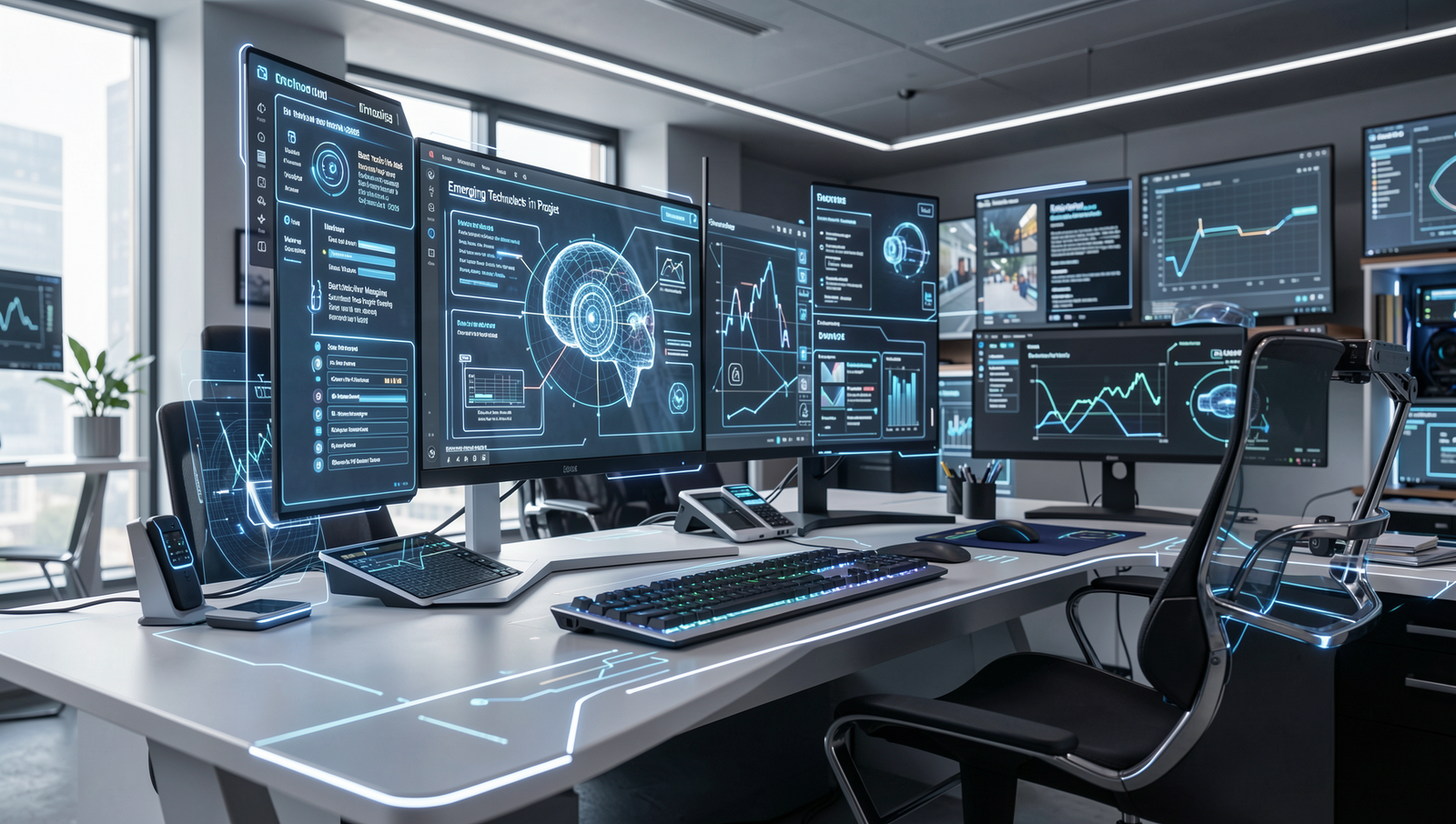 Futuristic workspace featuring AI and VR tools for project management in 2026.