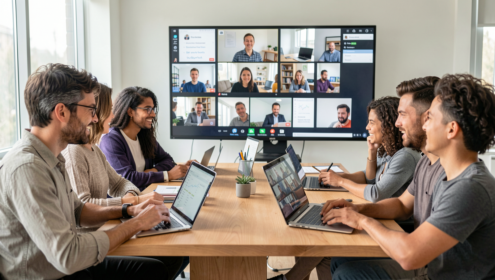Diverse team collaborating online through video conferencing for software project management.