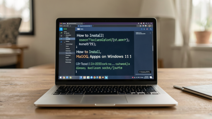 Professional setup showing a Windows 11 laptop with macOS apps installation process.