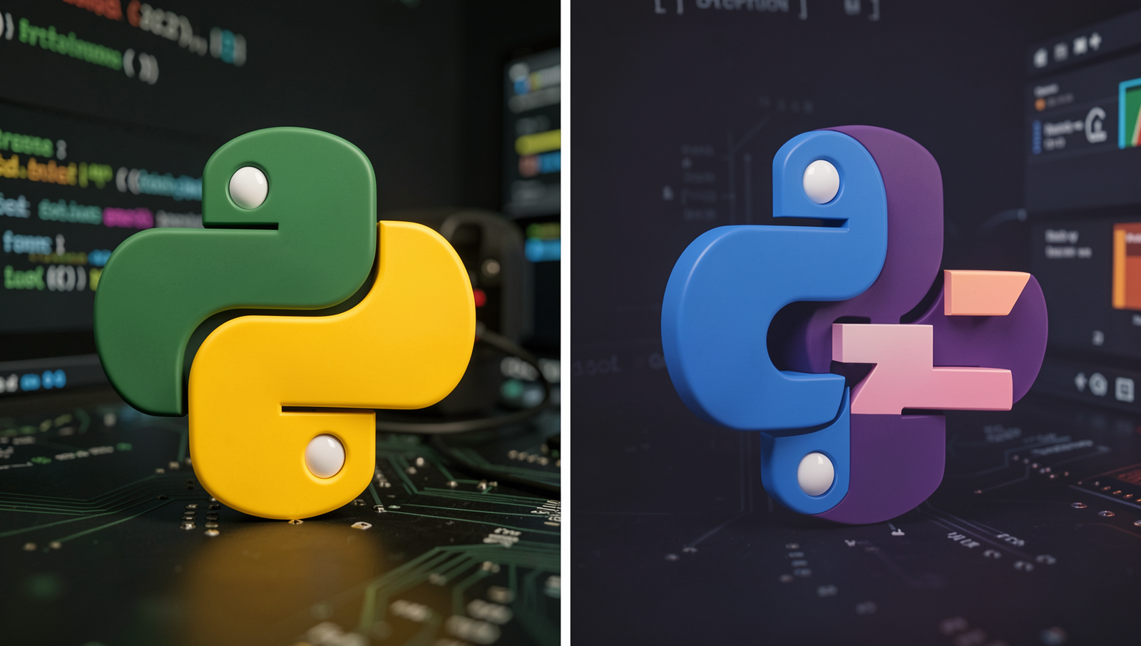 Split image of Python and C++ logos with their respective coding environments.