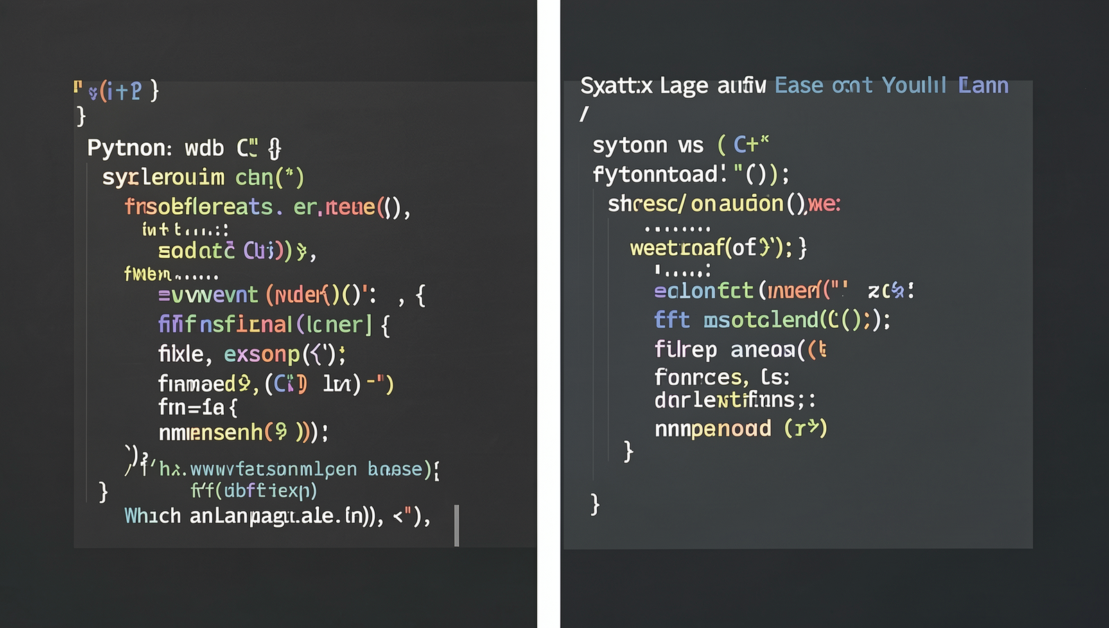 Side-by-side comparison of Python and C++ code snippets showcasing syntax differences.