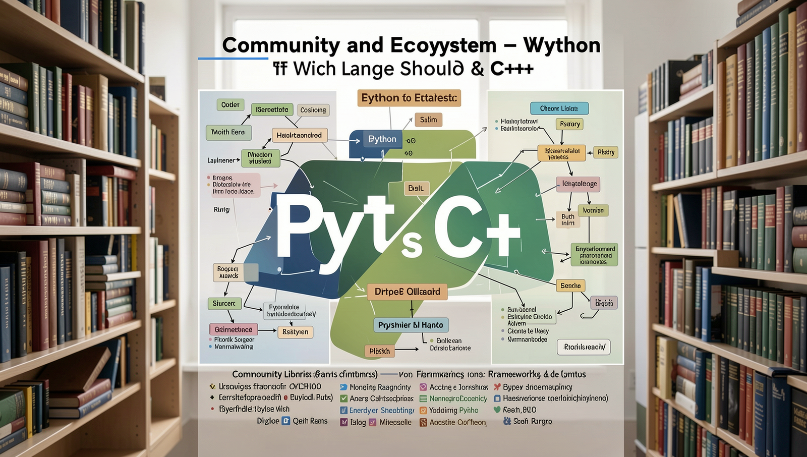 Collage of popular Python and C++ libraries and frameworks in a photorealistic style.