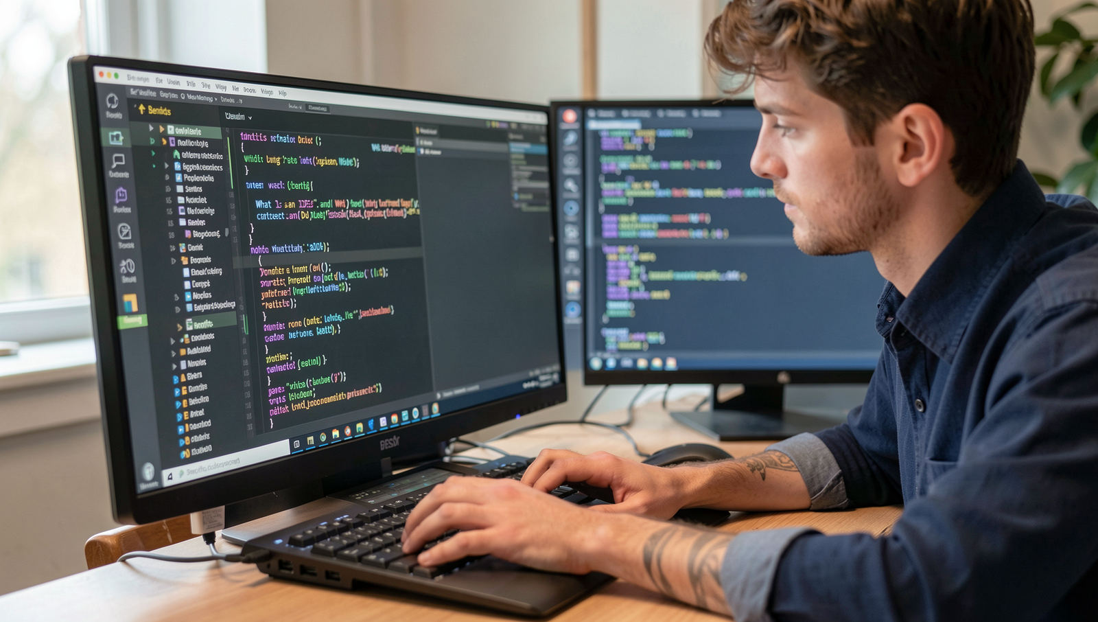 A programmer focused on coding in an IDE with natural lighting and sharp details.