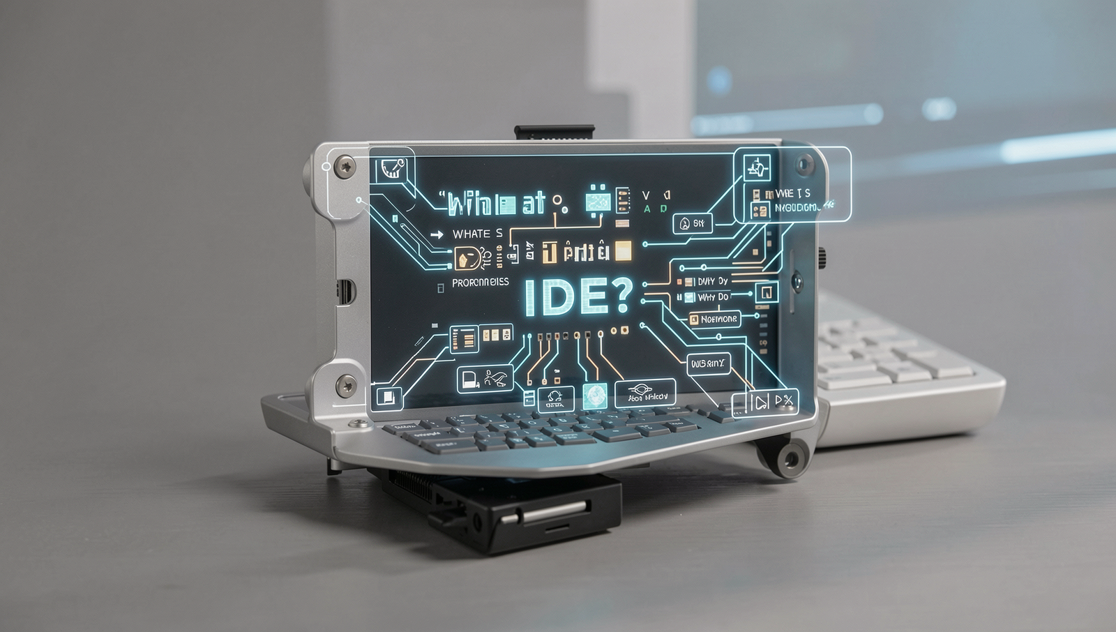 Illustration of an Integrated Development Environment (IDE) with coding interface and tools.