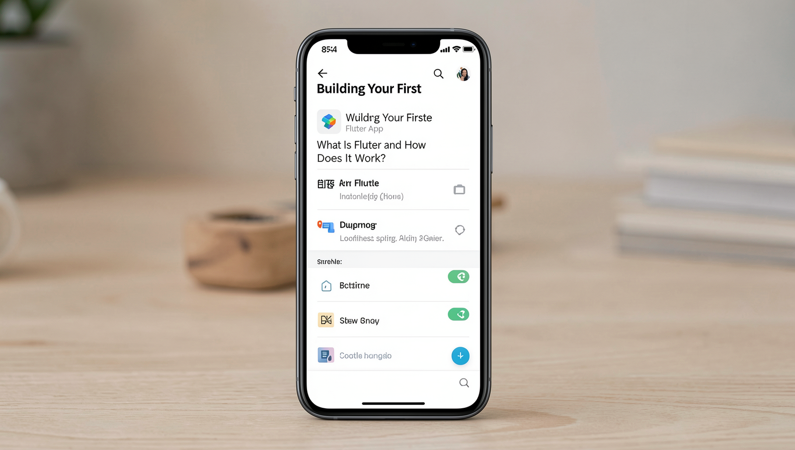Photorealistic preview of a Flutter app interface on a mobile device.