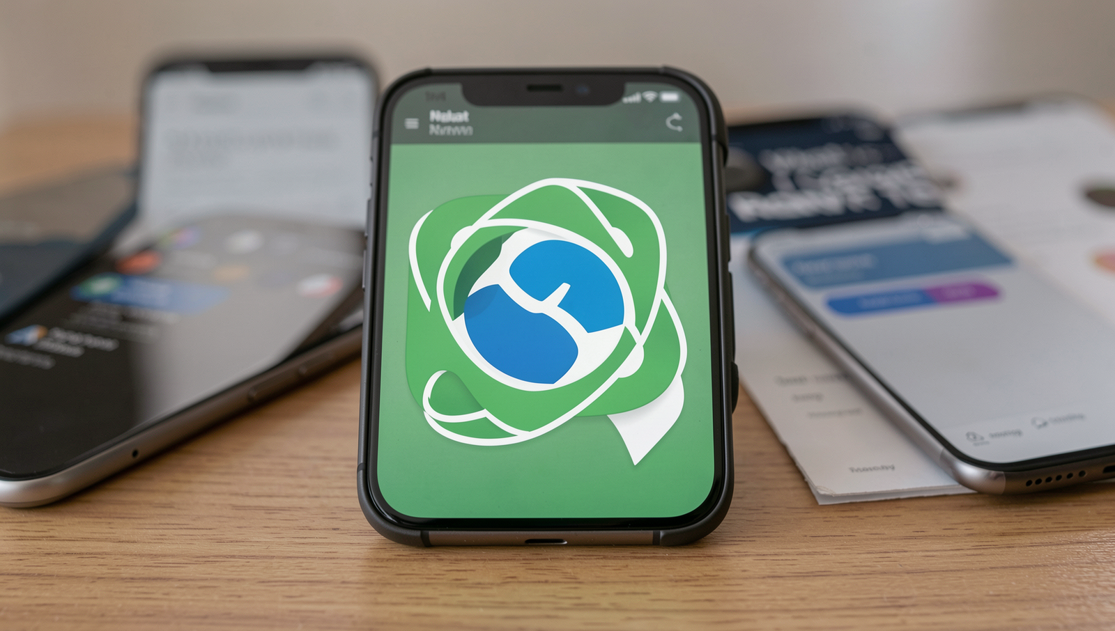 Photorealistic depiction of the React Native logo with mobile devices in the background.