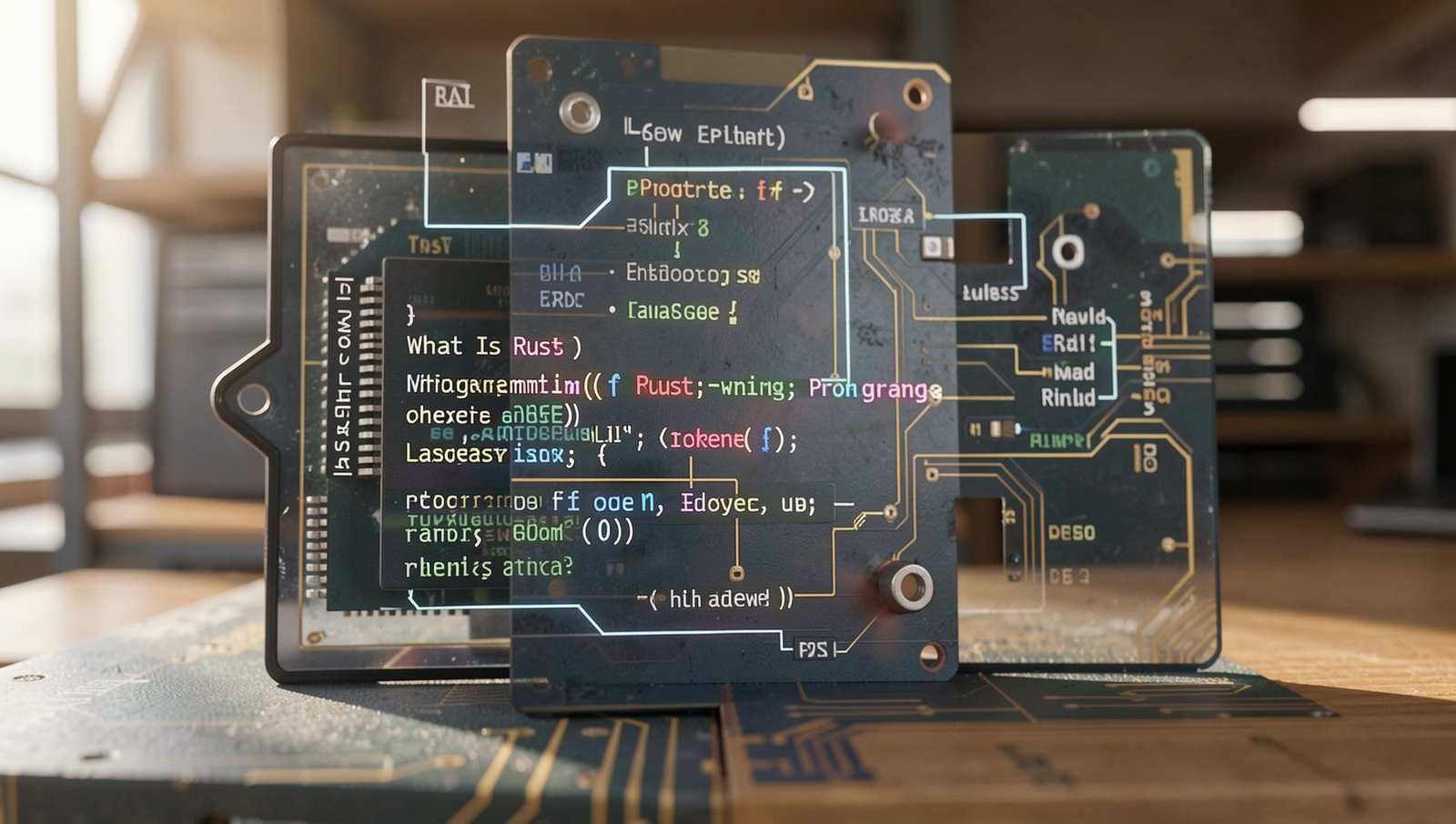 Detailed illustration of Rust programming language features and applications.