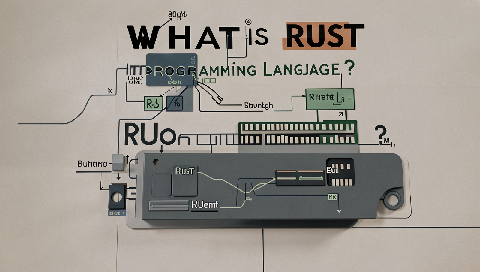 Illustration explaining Rust programming language features and applications.